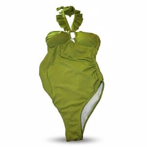 Lime Green Ribbed One Piece Swimsuit Ruffle Halter High Cut Ruched Monokini